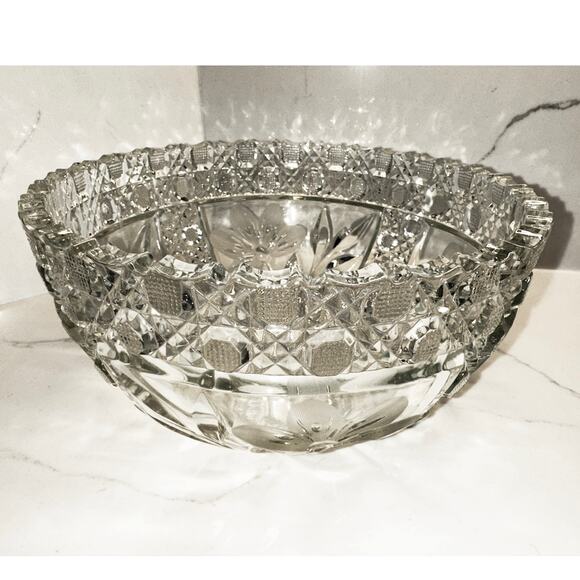 Antique American Brilliant Period Cut Glass Bowl Lead Crystal Floral Leaves 8”